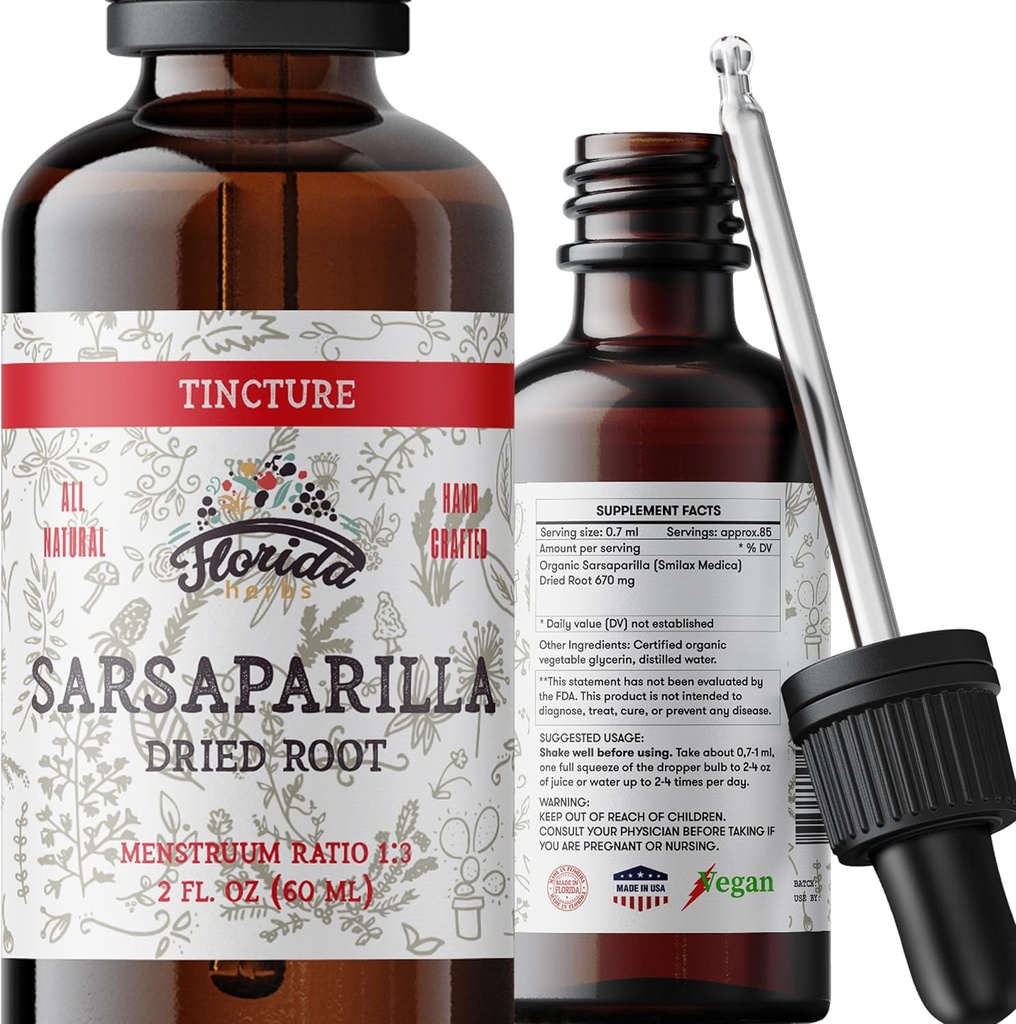 Sarsaparilla Tincture, Organik Sarsaparilla Ekstraksiyon (Smilax Medica) kuru Kök, Soğuk-Basın Organik Sebze Glycerin 2 oz, 670 mg