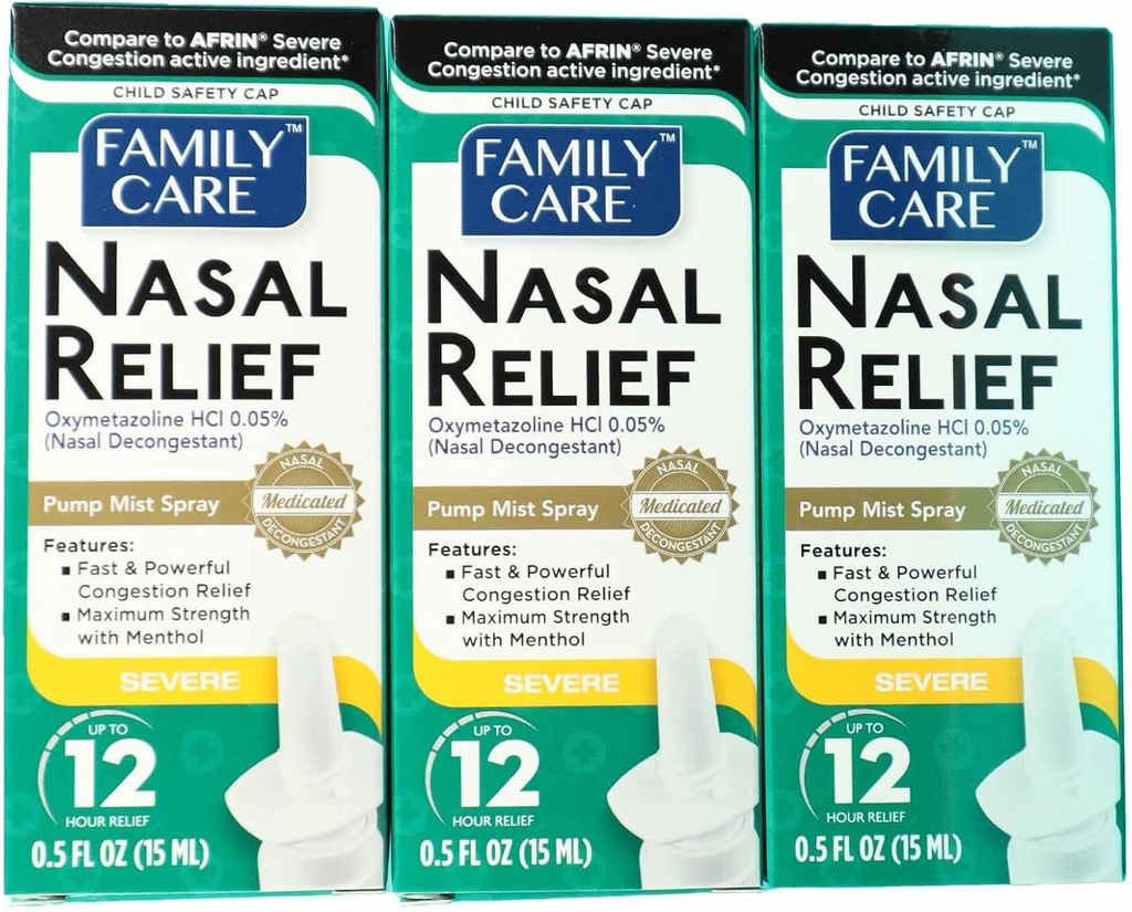 FamilyCare Nasal Relief Spray, Pump Mist, Anti-drip, Severe Congestion, (Oxymetazoline HCI) 12 Saat, 3 Pack