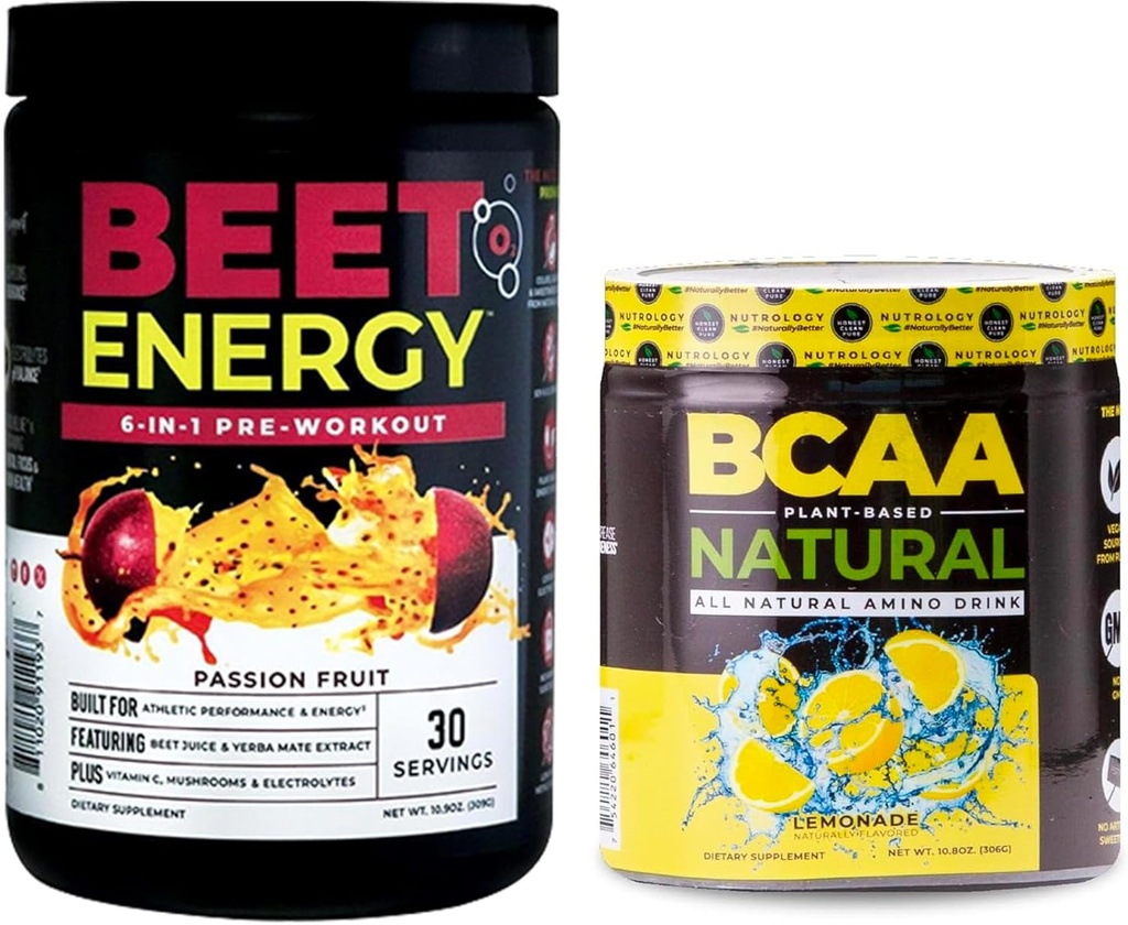 Nutrology Beet Natural O2, Pre Workout Powder, Passion Fruit Flavor (30 services) BCAA Natural, Plant Based BCAA Powder, Lemonade Flavor (30 services)