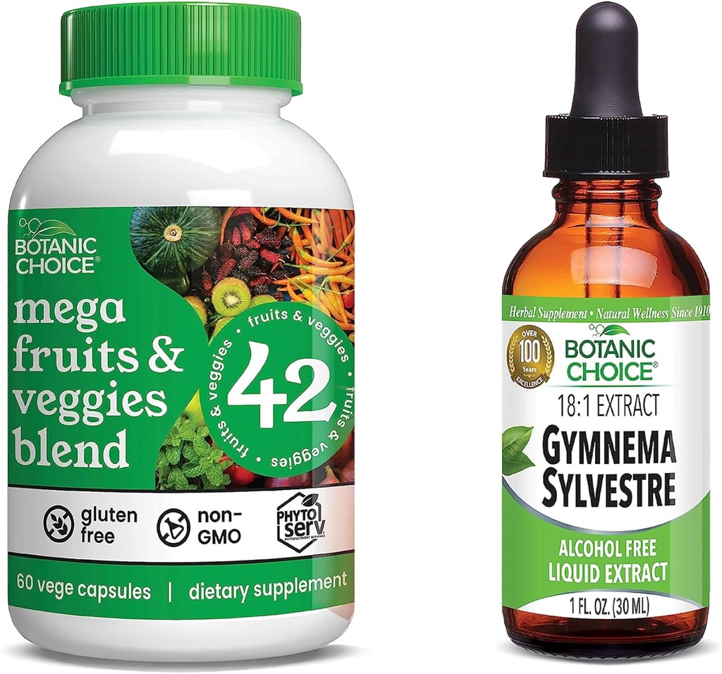 Βοτανική επιλογή Mega Fruits and Veggies Blend (60 κάψουλες) + Gymnema Sylvestre Extract (1 fl oz) Bundle - ενεργειακό ισοζύγιο & συμπλήρωμα τροφίμων