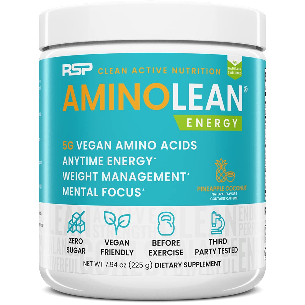 RSP Vegan AminoLean – All-in-One Φυσική Προ προπόνηση, Amino Ενέργεια, Διαχείριση βάρους με BCAAs, Πλήρης Vegan Preworkout σκόνη, Ανανάς καρύδα
