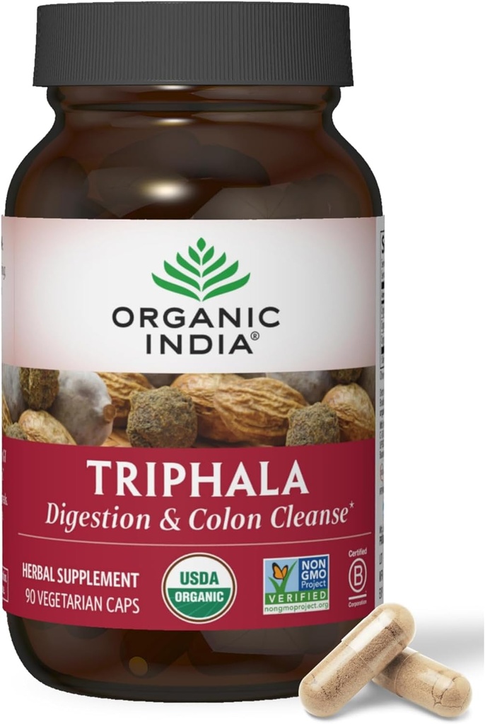 ORGANIC INDIA Triphala Capsules Organic - Herbal Supplement with Amla, Bibhitaki, Haritaki, Digestion & Colon Support, Immune System Support, Adaptogen, Vegan, USDA sertifikalı Organik - 90 Capsules