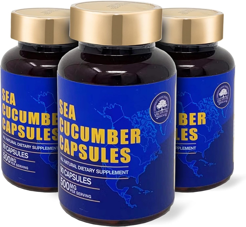 Sea Cucumber, Wild Caught Capsules Sea Cucumber, Natural Extract Supplement, Super Natural Antioxy, Immune Builder, Cartilage Protection - 90 Capsules, 500 mg/Bottle - Three Şişes
