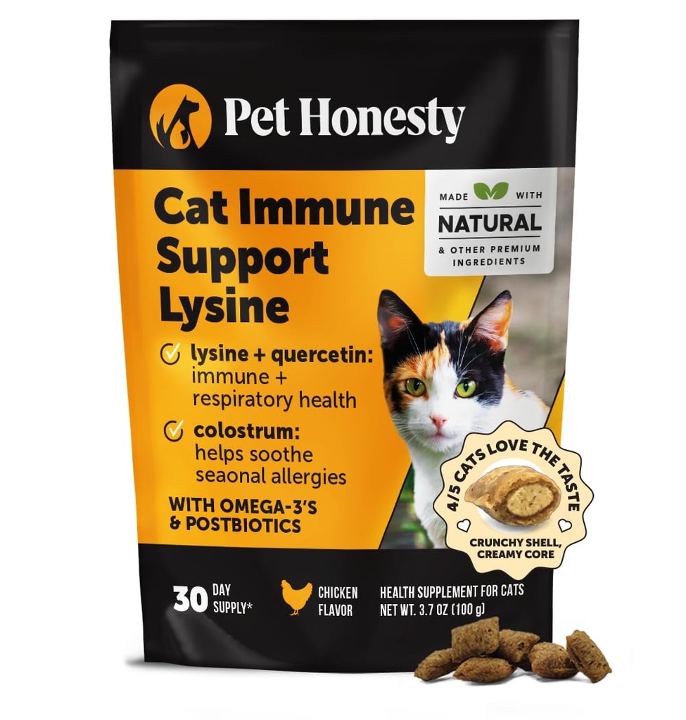 Cat Immune Support Lysine – Anti Allergy Relief & Immune Health Supplement for Cats with L-Lysine, Colostrum, Quercetin & Omega-3 – Soothes Sneezing, Runny Nose & Itchy Skin Chicken, (30-Day Supply)
