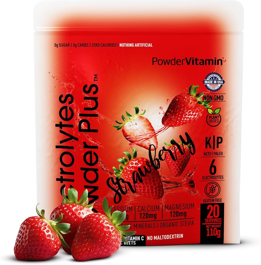 TozVitamin Electrolytes Toz Plus (20 Servisler) Strawberry Electrolyte Toz, No Maltodextrin, Keto,Sugar Free,Pink Himalaya Salt,1000 mg Pyum,120mg Toz Magnezyum,Hydration Toz Magnezyum