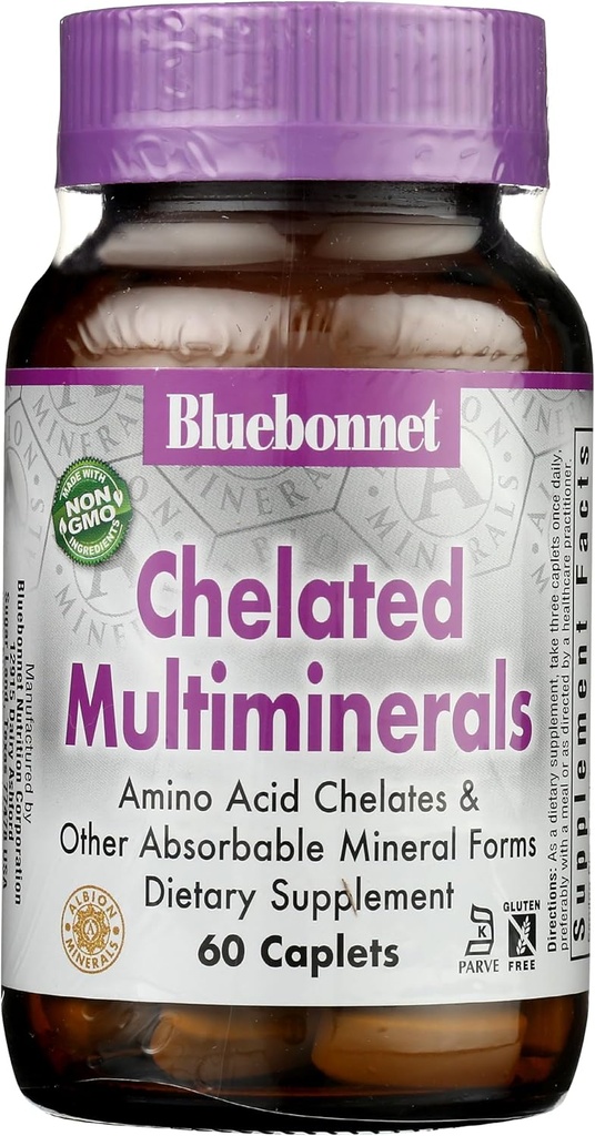 Bluebonnet Beslenme Yüksek Potency Chelated Multiminerals, Albion Chelated Minerals, Soy-Free, Gluten-Free, Non-GMO, Kosher Sertifikalı, Süt-Free, 60 Caplets, 20 Hizmet