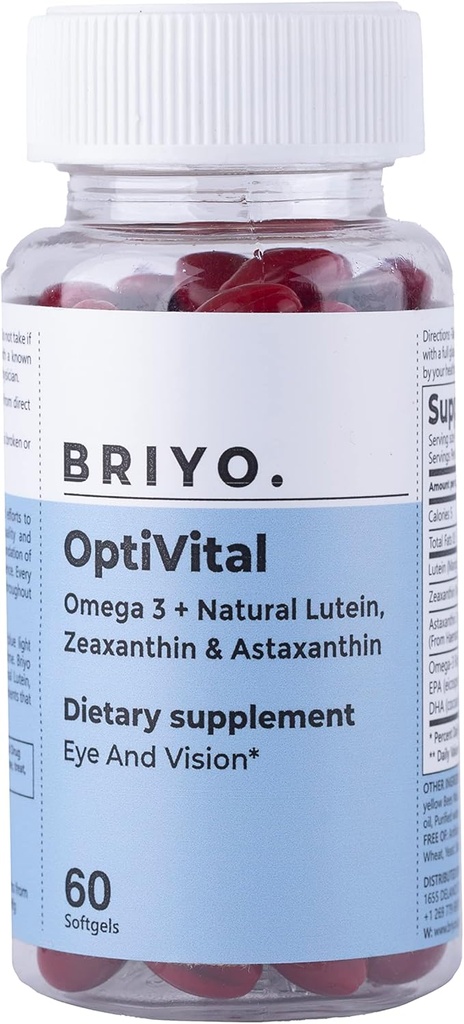 Briyo Optivital Eye Health Supplement with Lutein, Zeaxanthin, Ασταξανθίνη και Ωμέγα 3 – Υποστηρίζει την οπτική σαφήνεια, την ανακούφιση από την κόπωση οθόνης και τη μακροχρόνια υγεία του αμφιβληστροειδούς – Ένα την ημέρα, 60 Softgels