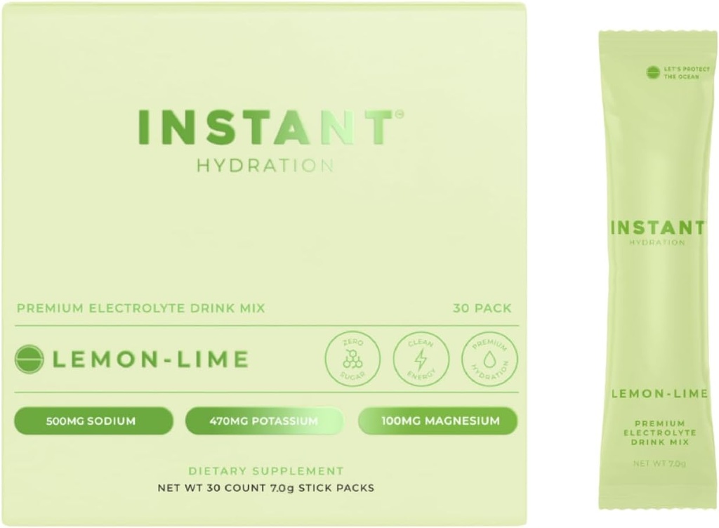 Instant Hydration Electrolytes Toz Packets - Lemon Lime Drink Mix - Zero Sugar - Keto, Vegan, Gluten-Free, Non-GMO - Boost Recovery, Brain Health, Muscle & Tound Support- 30 Sticks