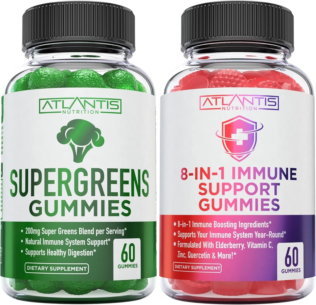 Atlantis Nutrition 60 Supergreens Gummies + 8-in-1 Immune Support 60 Gummies