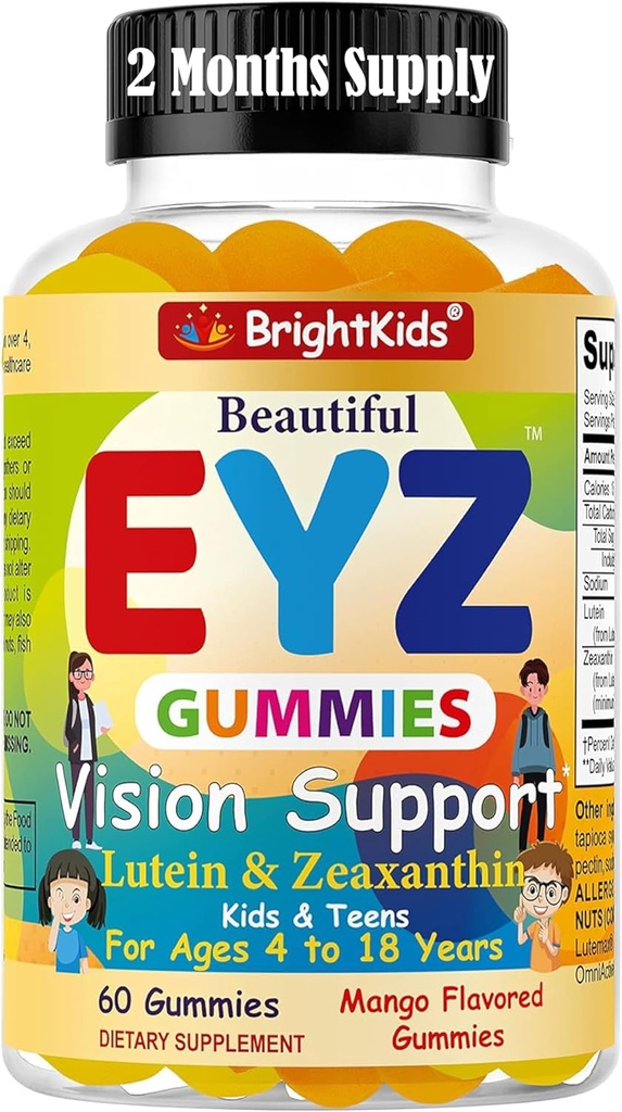BrightKids Eye Health Gummies for Kids & Young – Lutein & Zeaxanthin Vizyon Desteği – Vegan, Ekran Zamanı için GMO Göz Vitaminleri – Tasty Mango Flavor – 60 Gummies