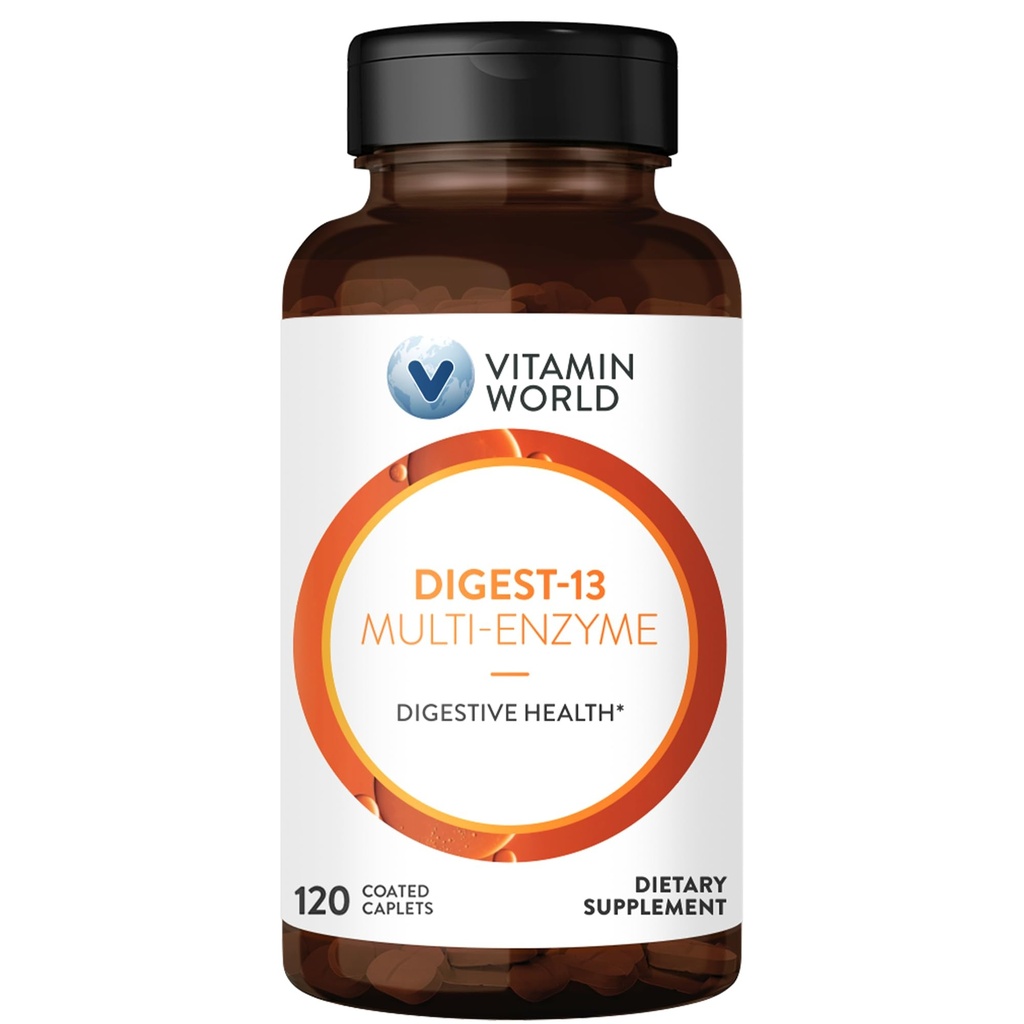 World Digest-13 Multi-Enzyme, 1010 mg Digestive Enzymes Blend with Amyla, Bromelain, Papain & Lipase for Digestion and Abxia, Digestive Enzymes for Bloating & Gas, 120 Caplets