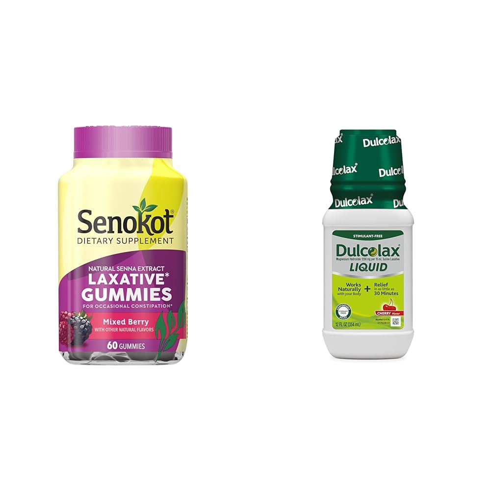 Senokot Diyetary Supplement Laxative Gummies, Natural Senna Extract, Gentle & Dulcolax Liquid Laxative, Stimulant Free Laxative for Comfortable Relief, Cherry Flavor, 12 oz.