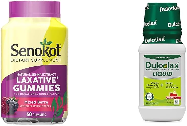 Senokot Diyetary Supplement Laxative Gummies, Natural Senna Extract, Gentle & Dulcolax Liquid Laxative, Stimulant Free Laxative for Comfortable Relief, Cherry Flavor, 12 oz.