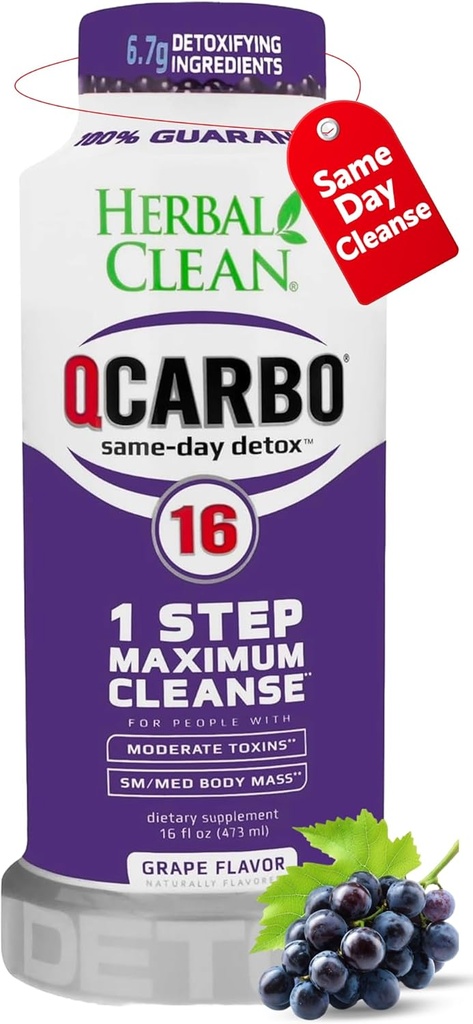 Herbal Clean Qcarbo16 Same-Day Detox Cleanse Drink (16 fl oz) - Καθαρισμός Γεύσης Σταφυλιού Πλήρης Σώμα * Αποτοξινωμένο Ποτό για Μέτριο Επίπεδο Τοξίνης*, Βιταμίνη Β2 και Βιταμίνη Β12 για Άνδρες & Γυναίκες