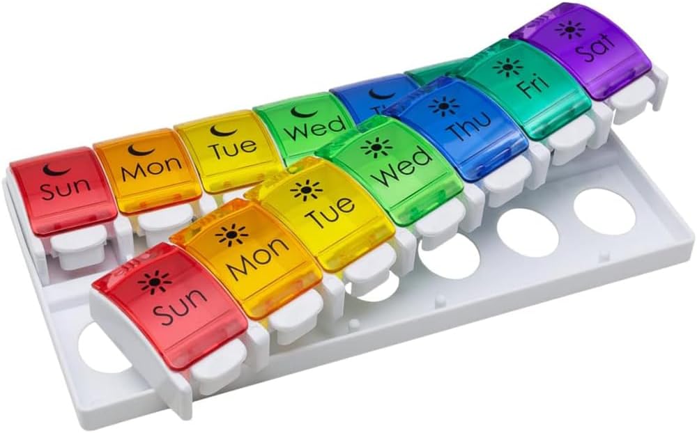 EZY DOSE Εβδομαδιαία (7-Ημέρα) Θήκη Χάπια, Ιατρική Planner, Vitamin Organizer, 2 φορές την ημέρα AM/PM, Removebale Trays, Μεγάλη Push Κουμπί Διαμερίσματα, εύκολο στη χρήση, Αρθρίτιδα Φιλικό, Rainbow Λίδες, BPA Δωρεάν