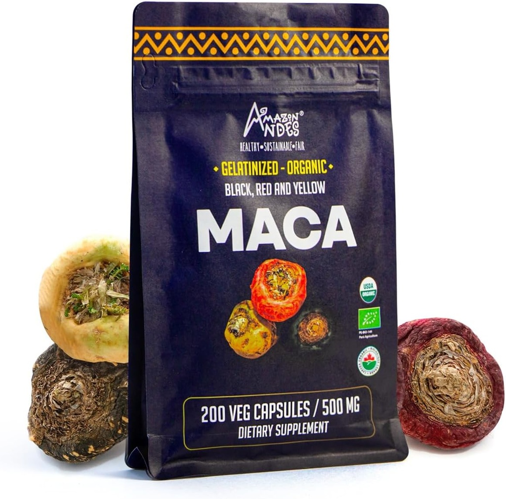 Premium Black, Red & Sarı Maca Capsules l 3000 mg Gelişen Enerji Seviyeleri ve Fiziksel Performansı için hizmet vermektedir l Güçlü Antioksi ve Immune System ATM l 100% Doğal ve Organik l Andes
