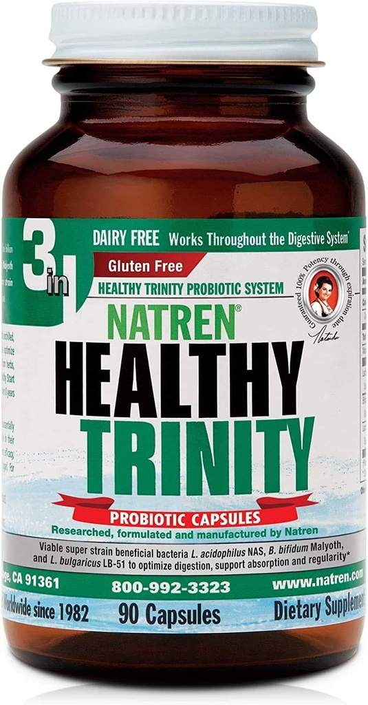 Natren Healthy Trinity Probiotics Supplement - 90 κάψουλες Gel χωρίς γαλακτοκομικά και γλουτένη - Βελτίωση της υγείας των ορνίθων και των πνευμόνων, 30 δισεκατομμύρια CFU - Lactobacillus Acidophilus, Bifidobacterium, Bulgaricus