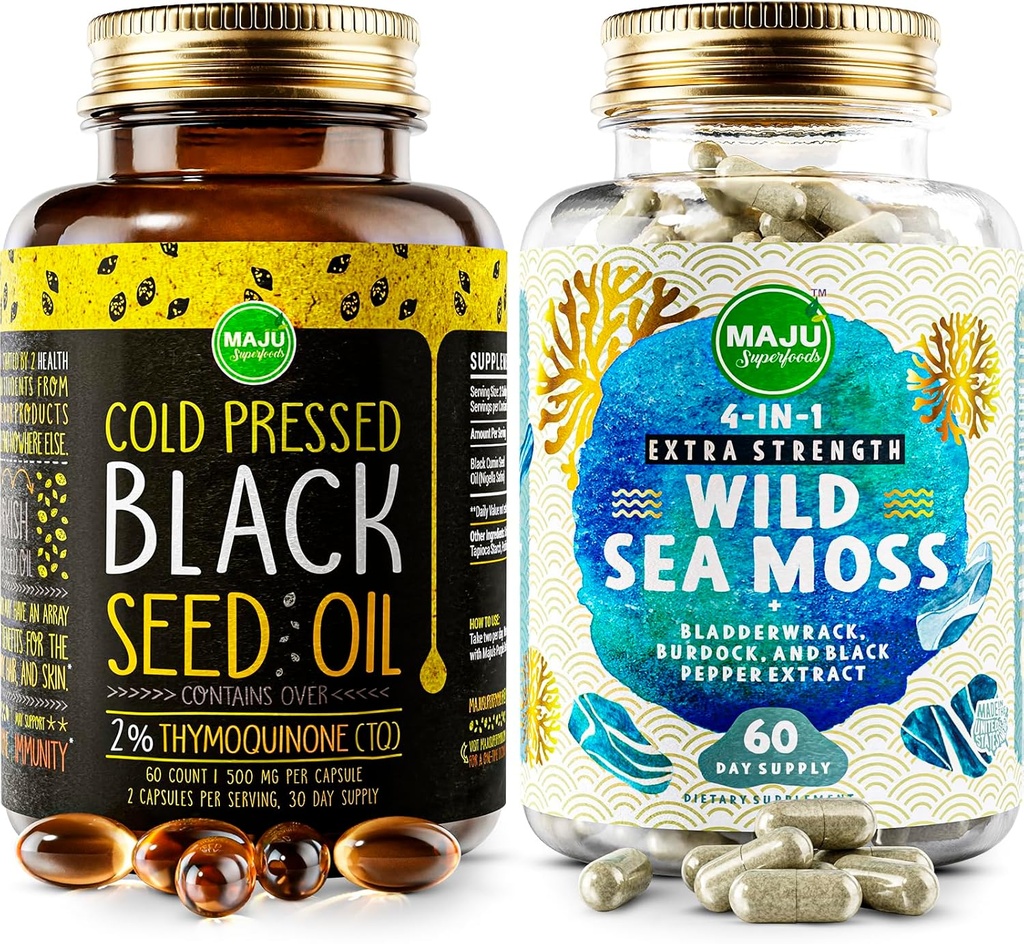 Maju Superfoods 4-in-1 Sea Moss Capsules ve Black Seed Oil Capsules