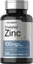 Horbäach Chelated çinko Supplement 100mg | 250 Tablet | Yüksek Potency & Superior Abxia | Vegetarian, Non-GMO, Gluten Free