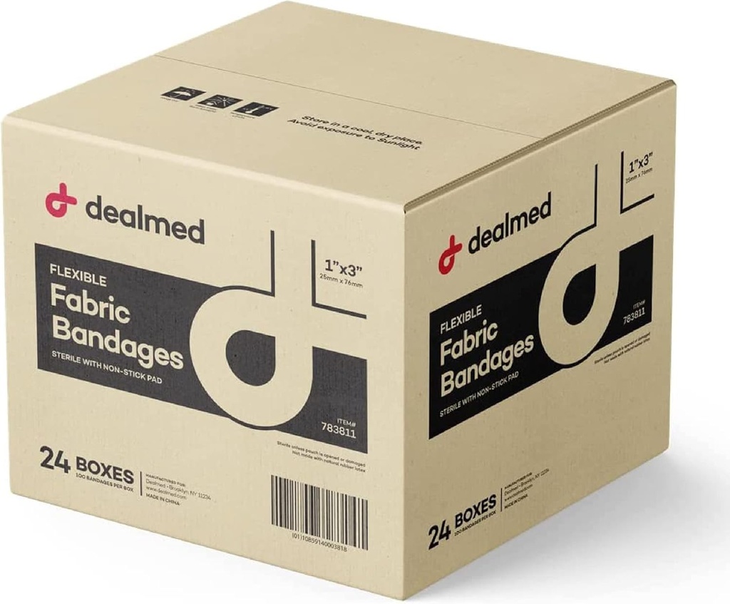 Dealmed Sterile Flex Fabric yapıştırıcısı - 1x3 İndüksiyon - 100/Box - 24 Kutu - Nefes alınabilir İlk Yardım Şems Paketi - Tıbbi, Acil Kits & Clinic