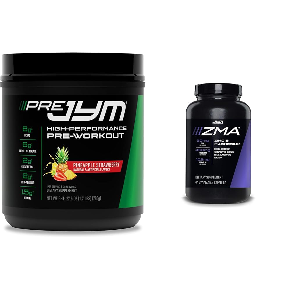 PRE JYM 30 Pineapple Strawberry & JYM ZMA çinko/Magnesium Capsules Supplement 90 Vegetarian Capsules