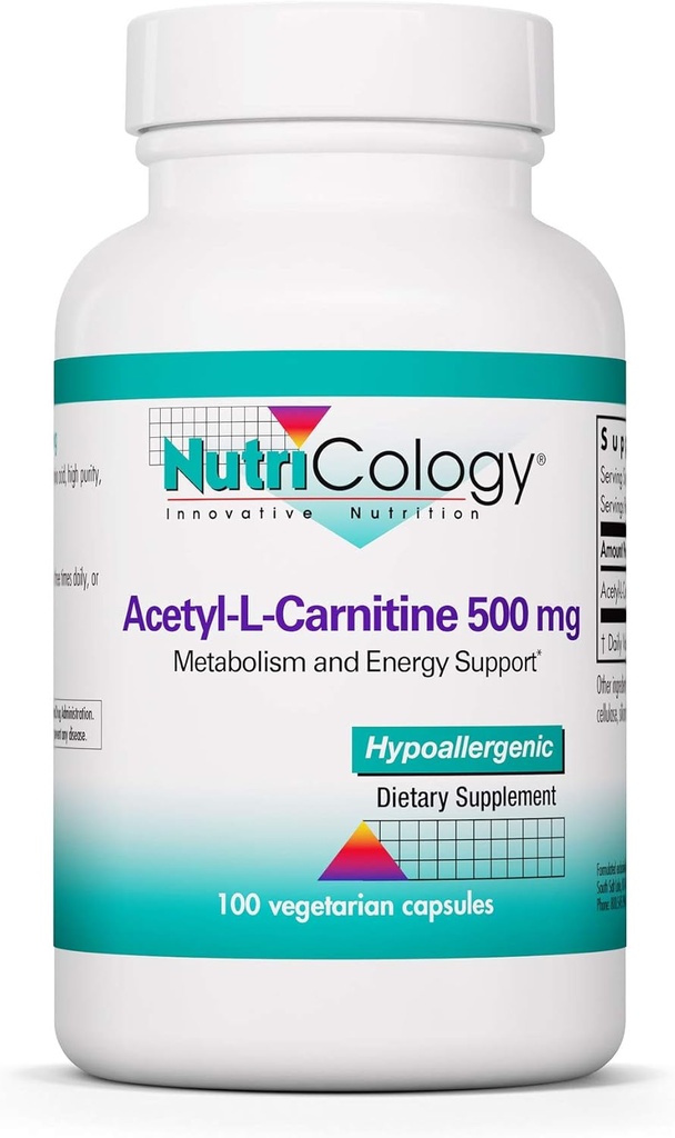 Nutricology Acetyl-L-Carnitine 500 mg Supplement - Metabolism ve Enerji Desteği, ALC, Free Form Platinum Acid, Vegetarian Capsules - 100 Count Count Count