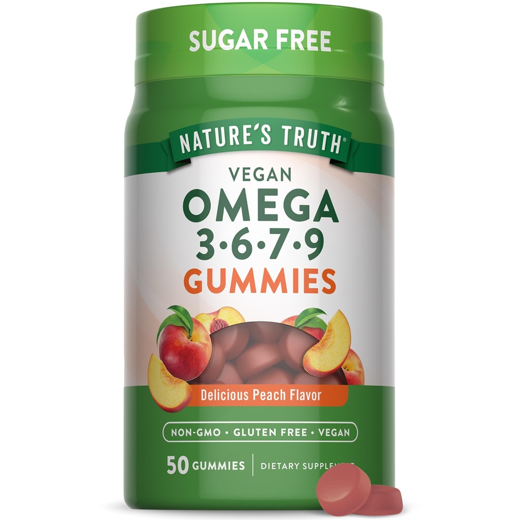 Doğanın Gerçek Vegan Omega 3679 Gummies | 50 Kont | Peach Flavor | Non-GMO & Gluten Free Supplement Supplement