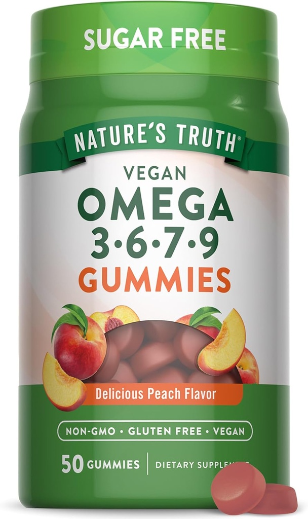 Doğanın Gerçek Vegan Omega 3679 Gummies | 50 Kont | Peach Flavor | Non-GMO & Gluten Free Supplement Supplement