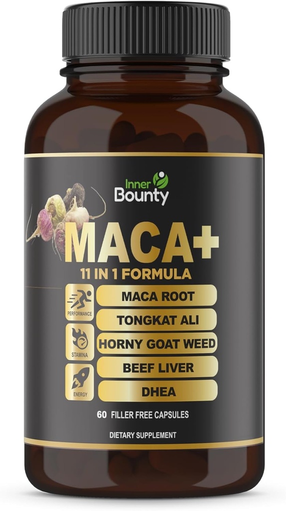 11-in-1 Energy Booster & Performance Supplement with Organic Maca Root, Tongkat Ali, Horny Goat Weed, Ginseng, Tribulus Terrestris & Beef Liver for Men and Women - 60 Filler Free Capsules