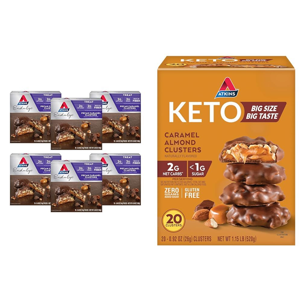 Atkins Pecan Caramel & Caramel Σμήνη αμυγδάλου, 60 & 20 Count, High Fiber, Low Sugar, Low Carb