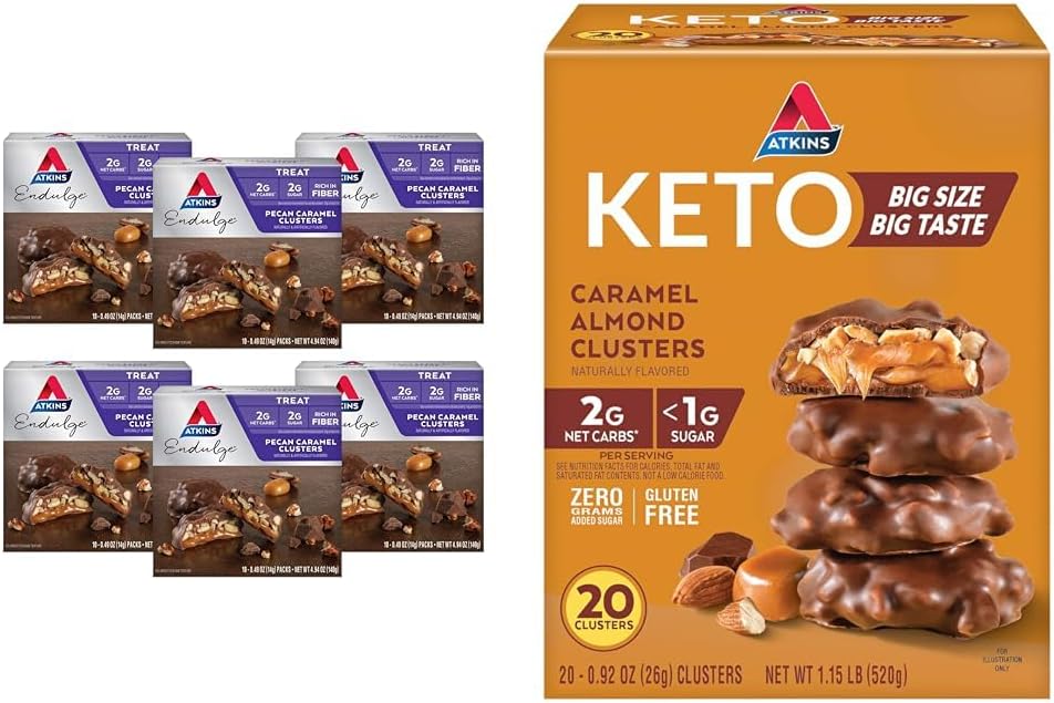 Atkins Pecan Caramel & Caramel Almond Clusters, 60 & 20 Kont, High Fiber, Low Sugar, Low Carb