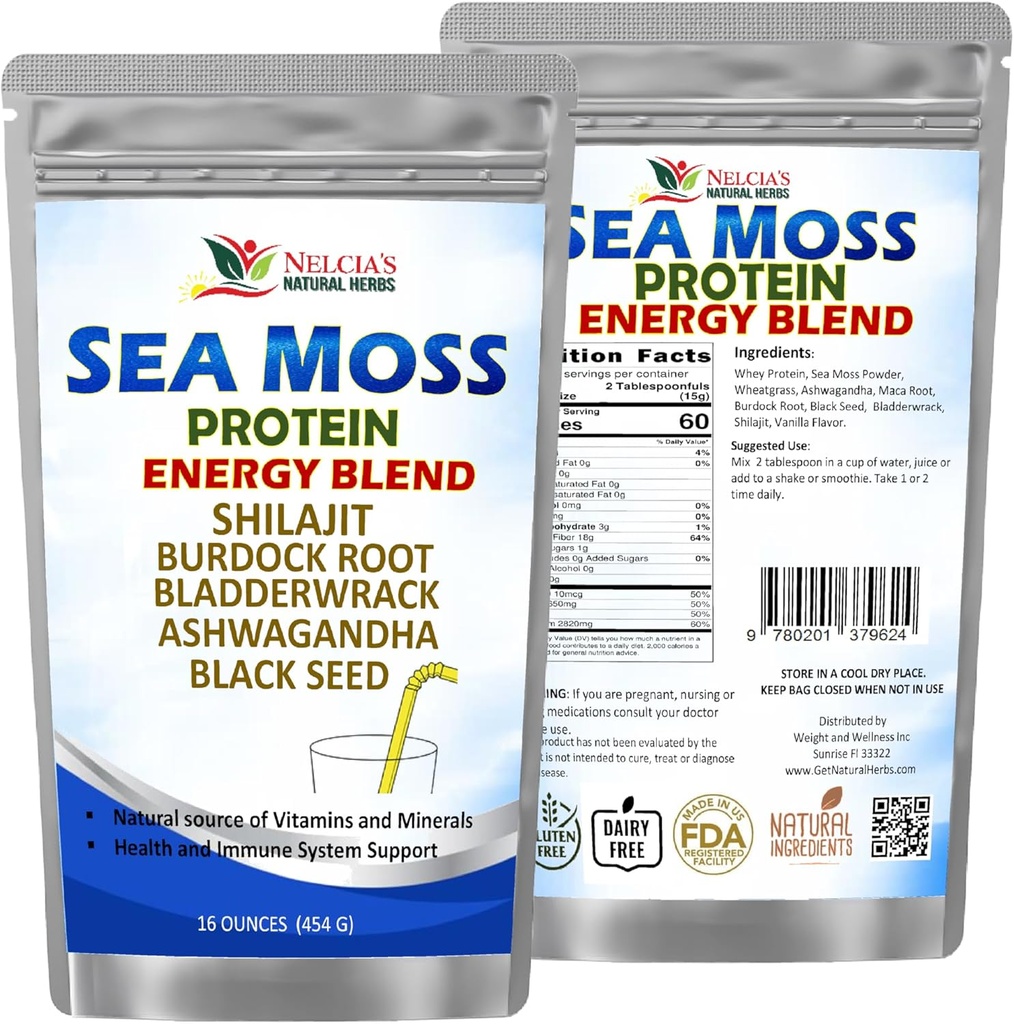 NELCIA'S NATURAL HERBS Sea Moss Ashwagandha Protein Toz - Doğal İrlandalı Deniz Moss, Bladderwrack ve Burdock Kök, Siyah Tohum ve Shilajit Toz (16oz)