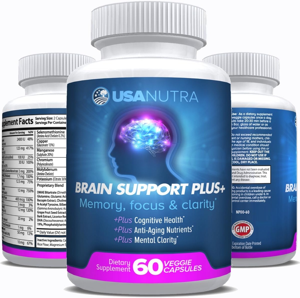 Brain Support Plus Beyin Supplement for Memory and Focus, Nootropics for Concentration and mental Clarity, Brain Vitamins B1, B6, B12, Phosphatidylserine, 1000 mg, 60 Capsules, ABD'de yapılan.