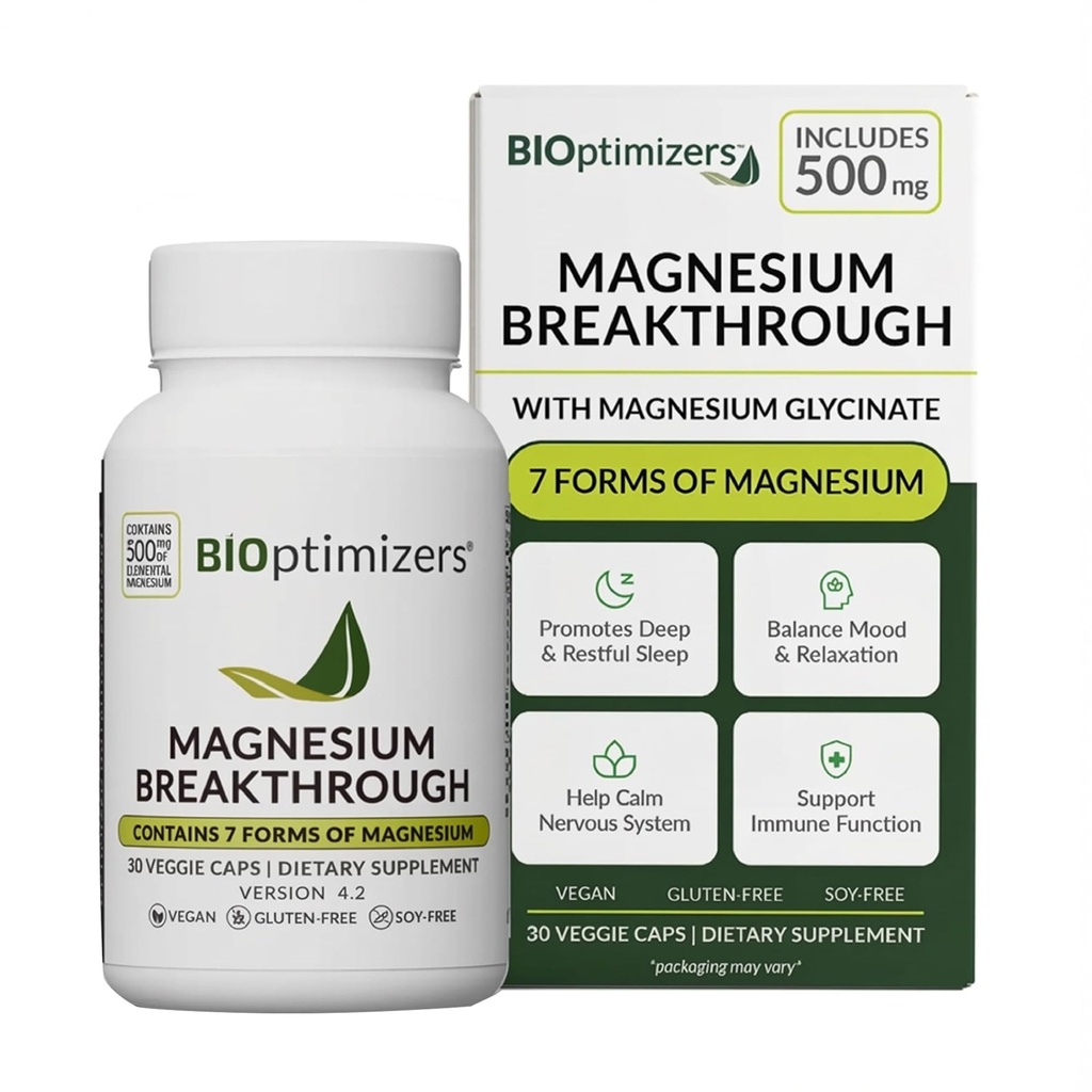 BIOptimizers Magnesium Breakthrough Complex Supplement with 7 Forms of Mg: Γλυκινικό, Μηλεϊνικό, Κιτρικό και Περισσότερα - Φυσική Υποστήριξη για τον Ύπνο και Γνωστική Λειτουργία - 30 Κάψουλες- Ηρεμητικές Βιταμίνες