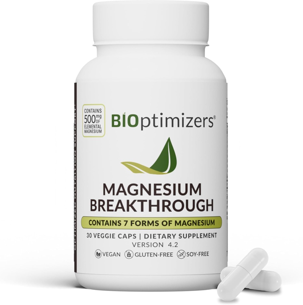 BIOptimizers Magnesium Breakthrough Complex Supplement with 7 Forms of Mg: Γλυκινικό, Μηλεϊνικό, Κιτρικό και Περισσότερα - Φυσική Υποστήριξη για τον Ύπνο και Γνωστική Λειτουργία - 30 Κάψουλες- Ηρεμητικές Βιταμίνες