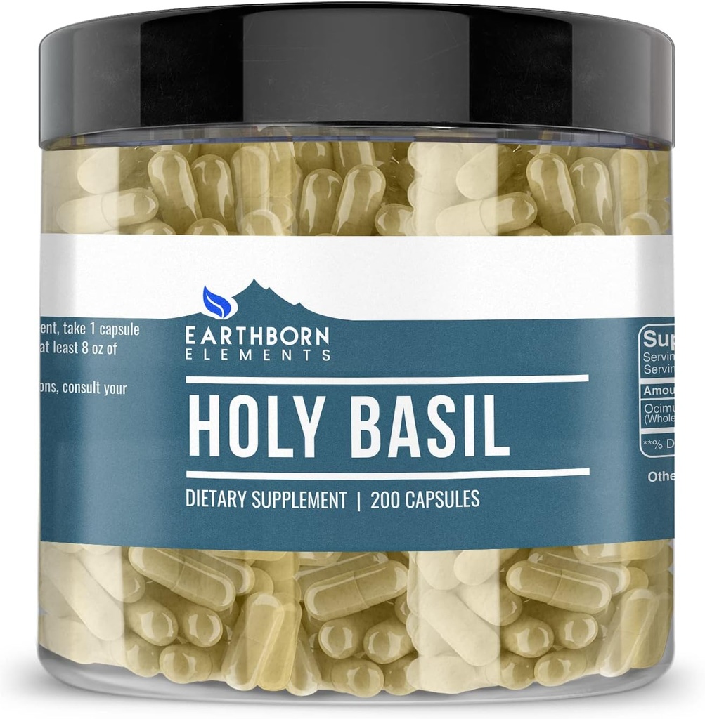 Earthborn Elements Holy Basil 200 Capsules, Pure & Undiled, No Wordss