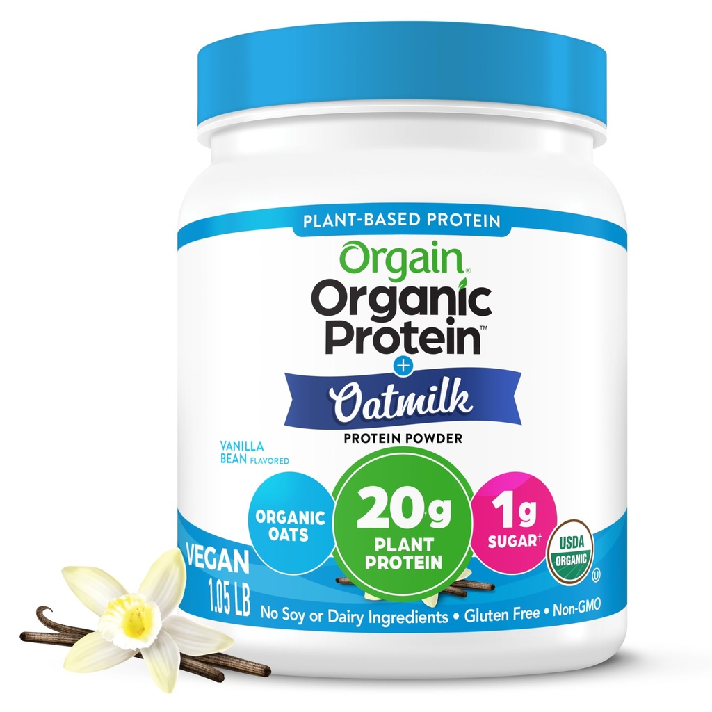 Orgain Organic Vegan protein Toz + Oat Milk, Vanilla Bean - 20g Plantive protein, Gluten Free, No Dairy, Soy veya Lactose Malzemeler, Low Sugar, Non-GMO, Kosher, For Shakes & Smoothies - 1.05lb