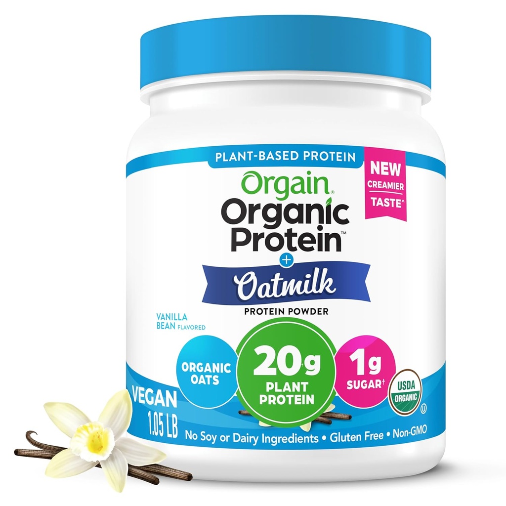 Orgain Organic Vegan protein Toz + Oat Milk, Vanilla Bean - 20g Plantive protein, Gluten Free, No Dairy, Soy veya Lactose Malzemeler, Low Sugar, Non-GMO, Kosher, For Shakes & Smoothies - 1.05lb