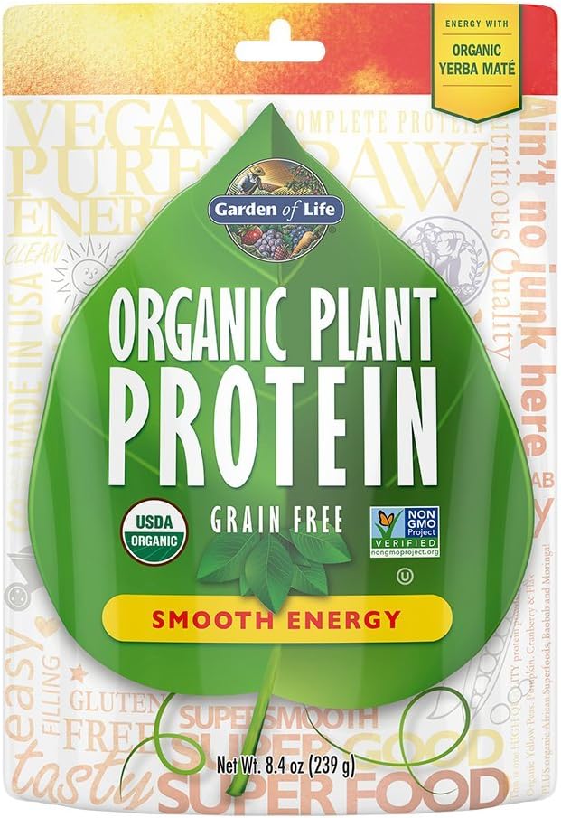 Life Organic Plant Protein Smooth Energy Toz, 10 Hizmet - Vegan,j Free & Gluten Ücretsiz Plant Yerba Mate, Vitamin B12, Probiyotiks & Enzymes, 15g Proteinler ve Enzymes