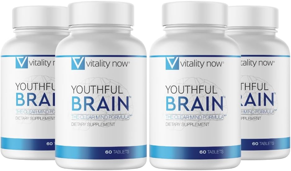 Youthful Brain 4 Bottle Bundle - Memory & Brain Health Supplement - Brain Booster Καθαρότητα με Bacopa Monnieri, Ginkgo Biloba, B12-120-Day Supply (240 Count)