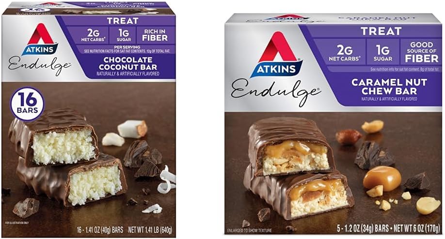 Atkins Endulge Chocolate Coconut Bar 16 Count & Caramel Nut Chew Bar 5 Count Sche
