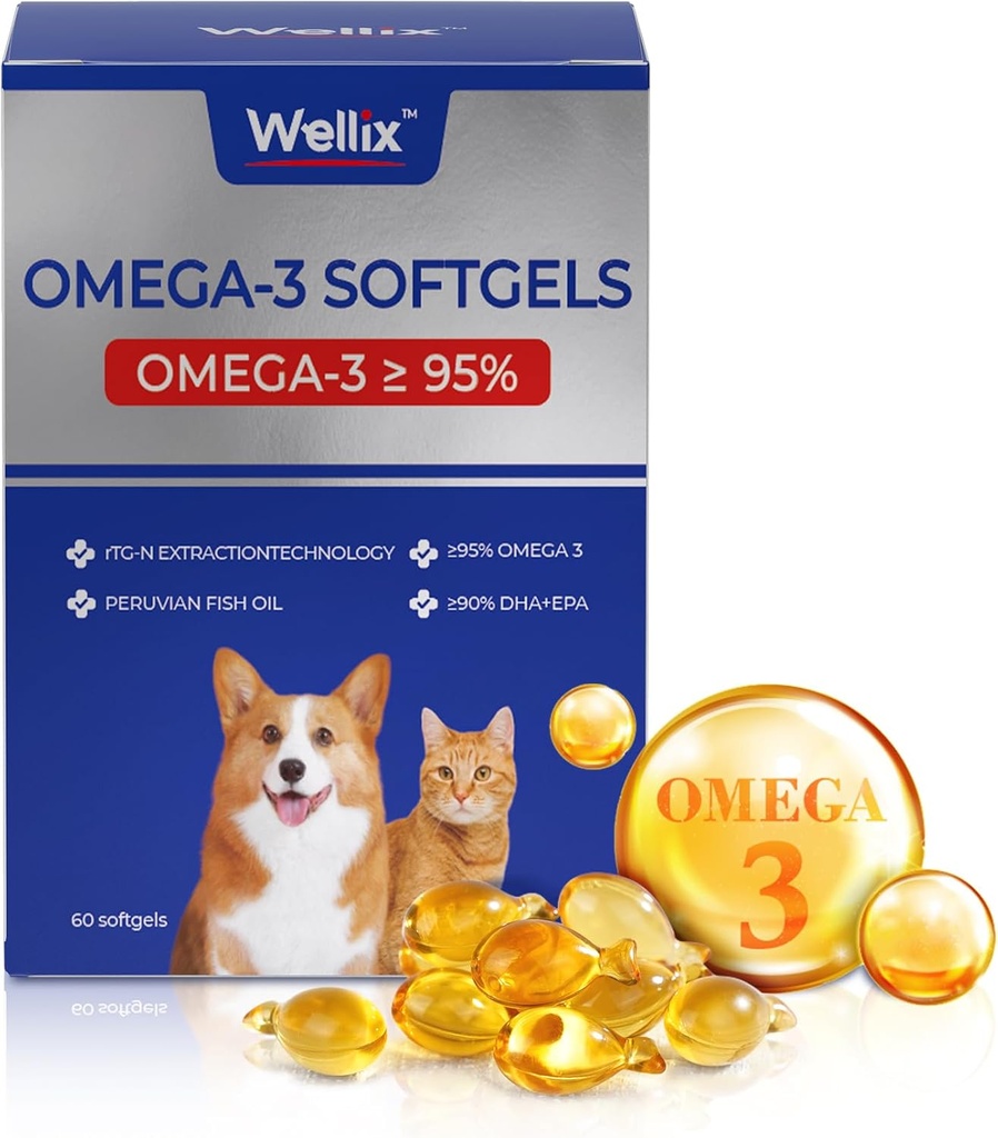 Wellix Pure Omega 3 Fish Oil for Dogs & Cats, Skin and Coat Supplement Supplement for Shedding, Supports Heart, Skin, Coat, Joint, & Immune Health, over 95 Omega 3, Rich in EPA + DHA, 60 Softgels