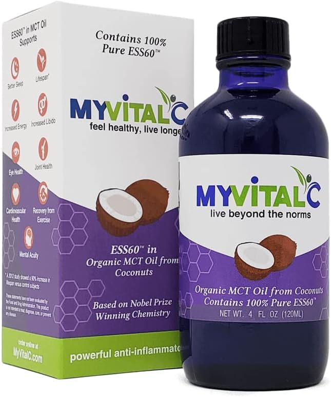 MyVitalC Organik MCT Oil Coconut Derived - Pure ESS60 Antioksi Supplement - Anti-Aging, Oxidation, Longevity, Sleep, More Energy - 120ML