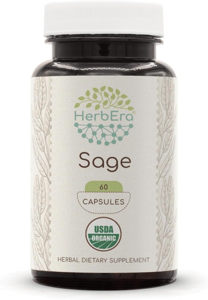 HerbEra Sage USDA Organic 60 Capsules | Natural Herbal Supplement | Sertifikalı Organik Vejetaryen Capsules ve Organik Sage (Salvia officinalis) kuru bir Broşür (60 Capsules)