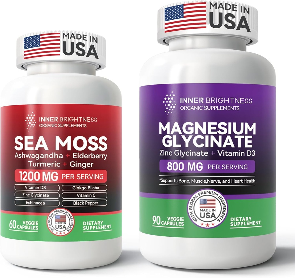 Ultimate Wellness Sche: All-in-1 Sea Moss Advanced + Magnezyum Glycinate for Energy, Immune, Sleep & Heart Health - 60ct Sea Moss Pills + 90 Vegetarian Capsules + 90 Vegetarian Capsules