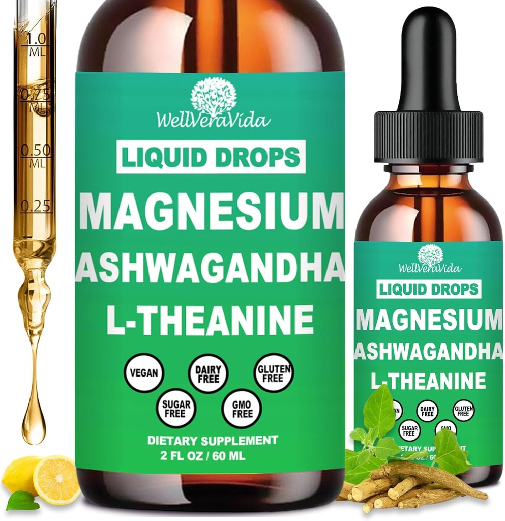 2 Pack Cortisol Supplement w. L Theanine Ksm-66 Ashwagandha Vitamin K2 B6 D 3 Supplement, Cortisol için Liquid Magnezyum Detox Manager, Calm Relaxation & Balanced Hormon