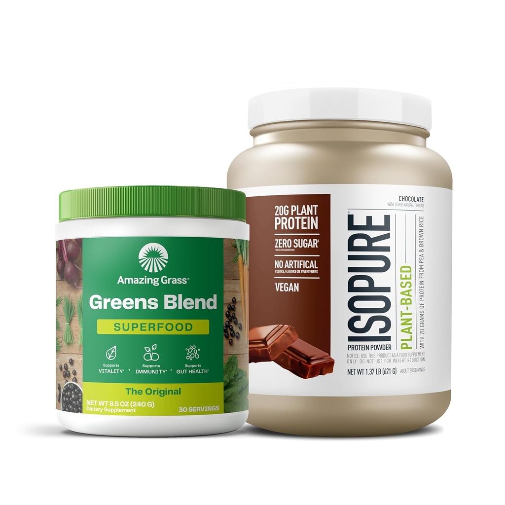 Amazing Grass Greens Superfood Toz: Orijinal, 30 Hizmet + Isopure Chocolate Vegan Protein Tozu, Bitki bazlı, Organik Pea Protein, Süt Free, 20 Hizmet (Pazar Mayıs Vary)