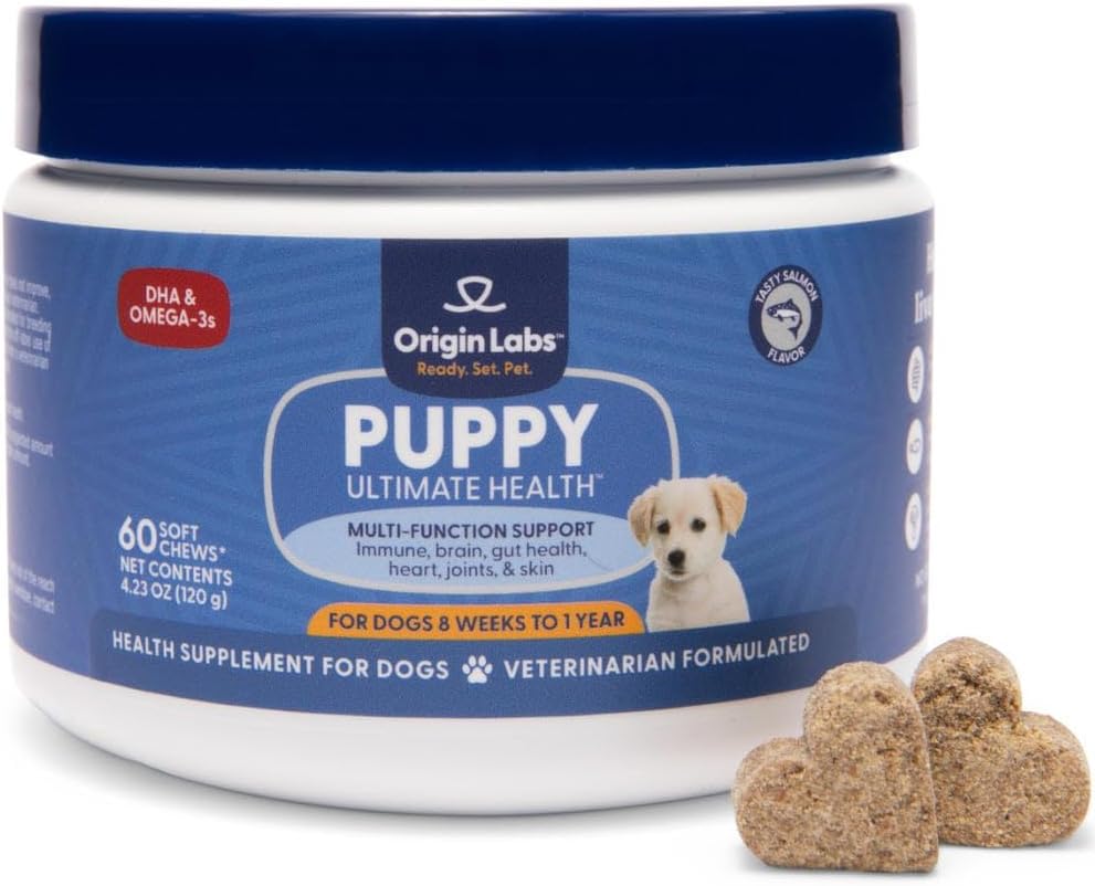 Origin Labs Puppy Multifunction Support DHA Omega 3 συμπλήρωμα, άγριο ιχθυέλαιο σολομού Αλάσκας, προβιοτικό για την υγεία των ούλων, ανοσοποιητική υποστήριξη, καρδιά, δέρμα, εγκέφαλος, κοινή υγεία, άρωμα σολομού, 60 μαλακά μάσημα