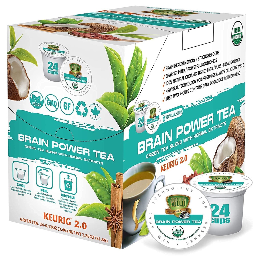 SOLLO Brain Power Organic Green Tea Pods with MCT, Acai & Essential beslenme, Nootropic Brain ATM- improves Memory & Focus Uyumlu 2.0 K-Cup Keurig Brewers, 24 Ctt