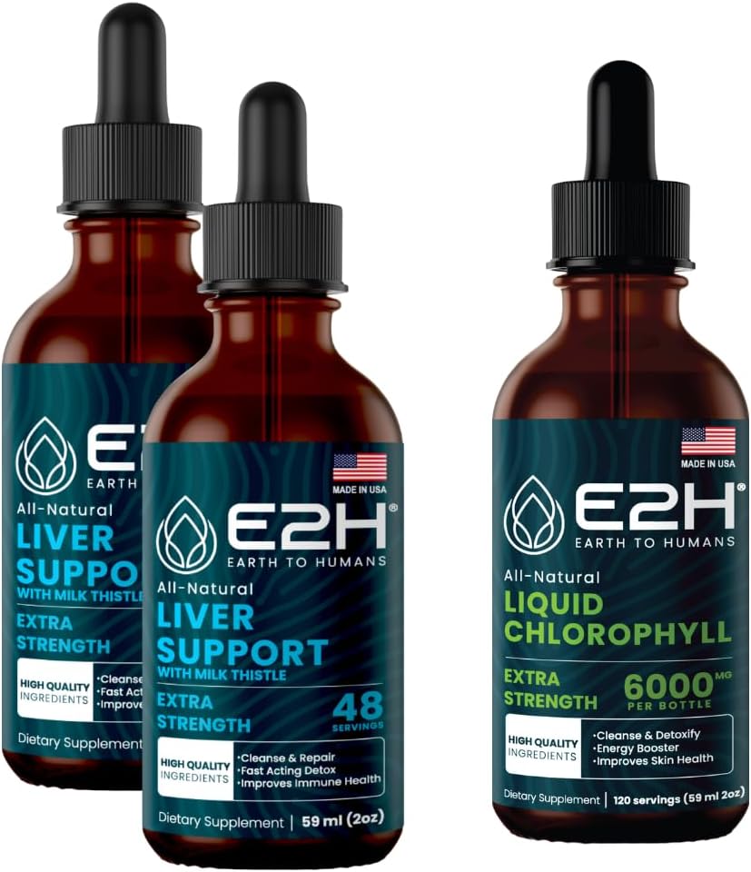 E2H: Liver Support Supplement (2 Pack - 4 Fl Oz) ve Chlorophyll Liquid Drops (Tek Şişe - 2 Fl Oz) | Vegan, Non-GMO - (6 Fl Oz Total) - Schen